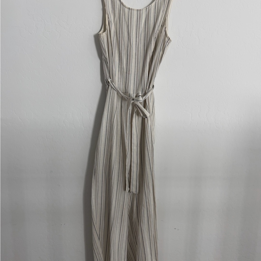 Potter's Pot Cream and Gray Striped Sleeveless Jumpsuit